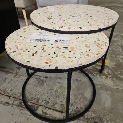 EX STAGING, NEST OF TABLES, TERRAZZO TOPS AND BLACK METAL FRAME, SOLD AS IS EX STAGING, NEST OF TABLES, TERRAZZO TOPS AND BLACK METAL FRAME, SOLD AS IS