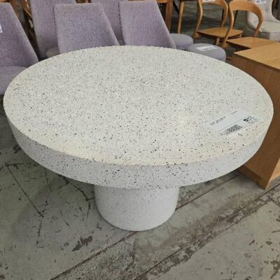 EX STAGING, 1100MM DIA. ROUND , WHITE TERRAZZO DINING TABLE SOLD AS IS
