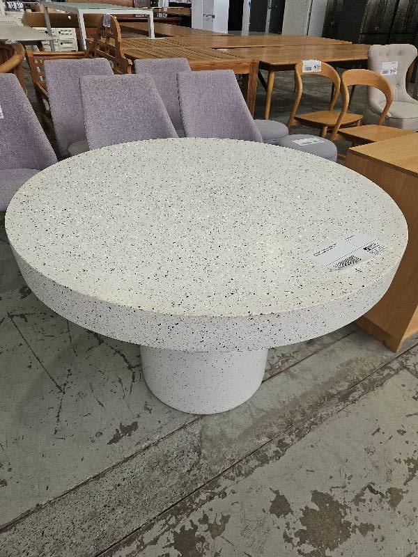 EX STAGING, 1100MM DIA. ROUND , WHITE TERRAZZO DINING TABLE SOLD AS IS EX STAGING, 1100MM DIA. ROUND , WHITE TERRAZZO DINING TABLE SOLD AS IS