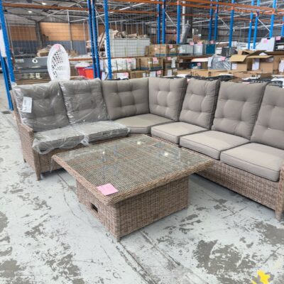 EX DISPLAY 5 PIECE OUTDOOR CORNER LOUNGE SUITE, CANE AND OUTDOOR MATERIAL UPHOLSTERED. COVERS ARE SUN PROOF, WATERPROOF, WILL NOT FADE RRP$3990