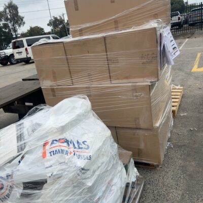 3 LARGE PALLETS OF ASSORTED WARDROBE CHROME SHELVING BASKETS WITH DRAWER SLIDES AND CLIPS, PULL OUT HANGERS ETC SOLD AS IS