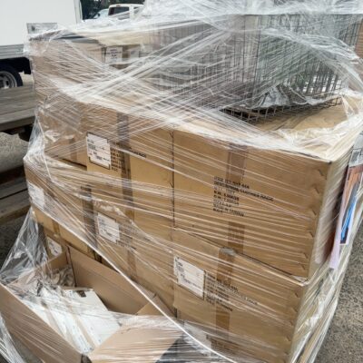 PALLET WITH WARDROBE SPIRAL CHROME CLOTHES RACK, SOLD AS IS