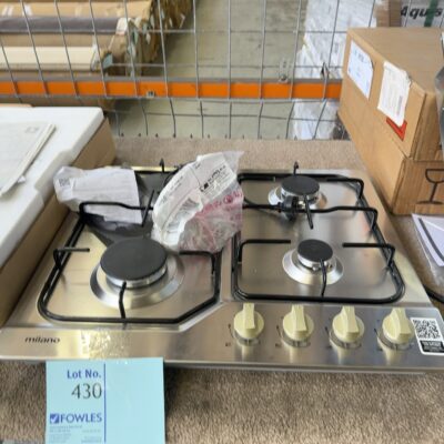 NEW MILANO 600MM S/STEEL GAS COOKTOP WITH ENAMEL TRIVETS, WITH 3 MONTH WARRANTY, 538.01.871