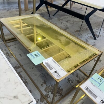 EX HIRE - GOLD FRAMED COFFEE TABLE WITH GOLD GLASS, SOLD AS IS
