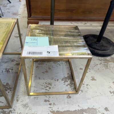 EX HIRE - GOLD FRAMED SIDE TABLE WITH GOLD GLASS, SOLD AS IS