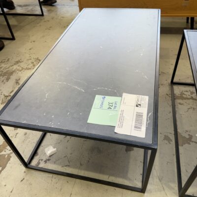 EX HIRE - BLACK COFFEE TABLE, BLACK METAL FRAME, WITH FAUX BLACK STONE LAMINATE TOP, SOLD AS IS