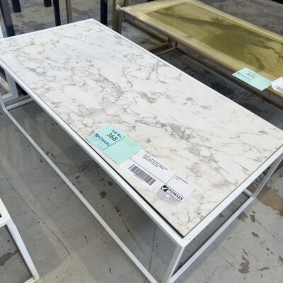 EX HIRE - WHITE COFFEE TABLE, WHITE METAL FRAME, WITH FAUX  MARBLE  LAMINATE TOP, SOLD AS IS