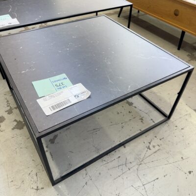 EX HIRE - BLACK SQUARE COFFEE TABLE, BLACK METAL FRAME, WITH BLACK FAUX  STONE LAMINATE TOP, SOLD AS IS