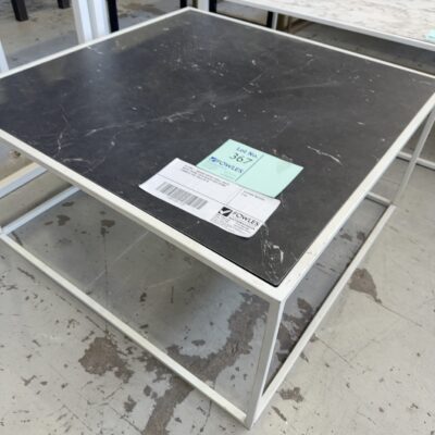 EX HIRE - SQUARE COFFEE TABLE, WHITE METAL FRAME, WITH BLACK FAUX STONE LAMINATE TOP, SOLD AS IS