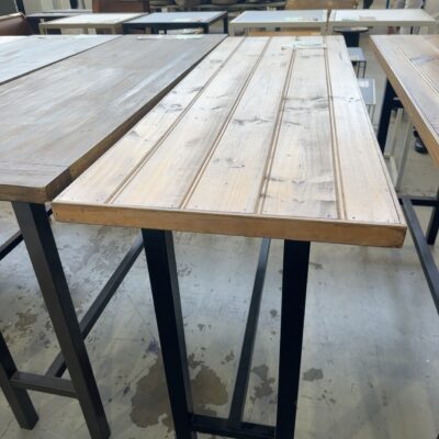 EX HIRE - RUSTIC RECTANGLE BAR TABLE, WITH LIGHT TIMBER TOP & BLACK METAL FRAME, SOLD AS IS