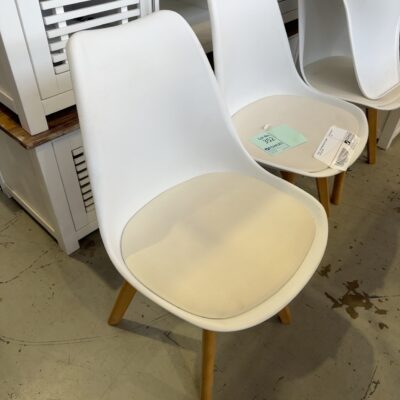 EX HIRE - WHITE DINING CHAIR WITH TIMBER LEGS, SOLD AS IS