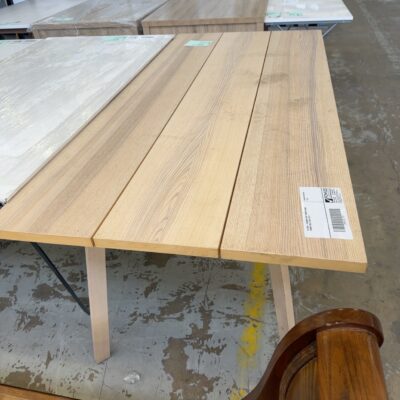 EX HIRE - 2000MM LIGHT TIMBER PLANK DINING TABLE, SOLD AS IS