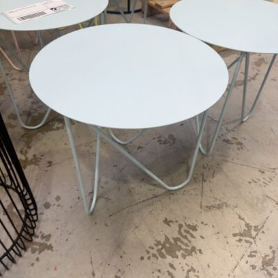 EX HIRE - BLUE METAL ROUND SIDE TABLE, SOLD AS IS