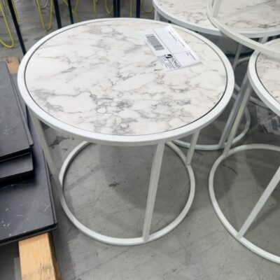 EX HIRE - WHITE SIDE TABLE WITH WHITE LAMINATE TOP SOLD AS IS