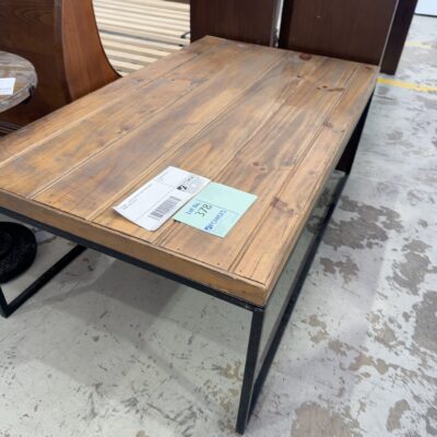 EX HIRE - RUSTIC COFFEE TABLE WITH METAL FRAME, SOLD AS IS