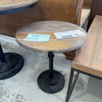 EX HIRE - INDUSTRIAL ROUND SIDE TABLE WITH TIMBER TOP AND METAL FRAME, SOLD AS IS