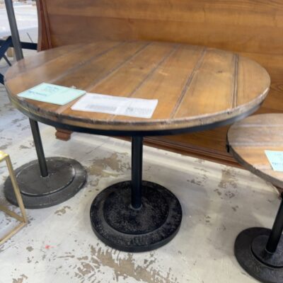 EX HIRE - INDUSTRIAL ROUND 900MM DINING TABLE WITH TIMBER TOP AND METAL FRAME, SOLD AS IS