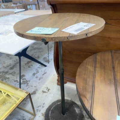 EX HIRE - INDUSTRIAL ROUND BAR TABLE WITH TIMBER TOP AND METAL FRAME, SOLD AS IS