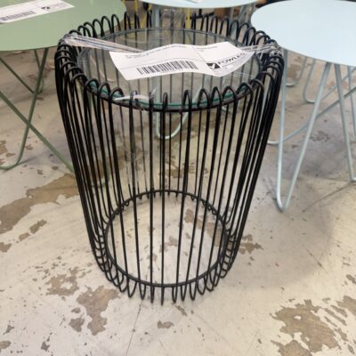 EX STAGING - BLACK SIDE TABLE WITH GLASS TOP, SOLD AS IS
