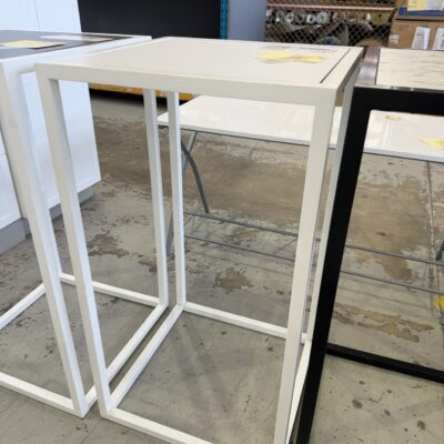EX HIRE - BAR TABLE WITH WHITE FRAME AND WHITE LAMINATE TOP, SOLD AS IS
