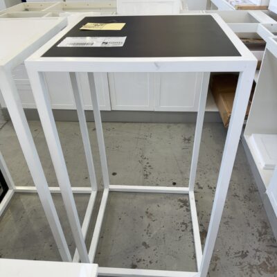 EX HIRE - BAR TABLE WITH WHITE FRAME AND BLACK LAMINATE TOP, SOLD AS IS