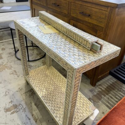 EX HIRE- SMALL DECORATIVE INLAY HALL TABLE, X1 BROKEN LEG, SOLD AS IS