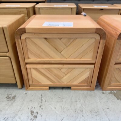 EX DISPLAY EVA MESSMATE TIMBER BEDSIDE TABLE, CURVED EDGES, HERRINGBONE DESIGN, SOLD AS IS RRP$599