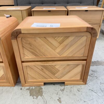 EX DISPLAY EVA MESSMATE TIMBER BEDSIDE TABLE, CURVED EDGES, HERRINGBONE DESIGN, SOLD AS IS RRP$599