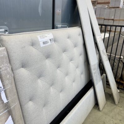 EX DISPLAY SAGE KING SIZE GAS LIFT BEDFRAME, OATMEAL FABRIC. INCLUDES BEDHEAD, FOOTBOARD, SIDE RAILS AND SOLID BEDBASE - MISSING GASLIFT COMPONENT, SOLD AS BEDFRAME ONLY.