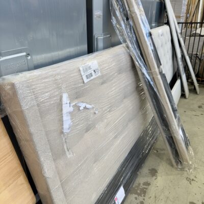 EX DISPLAY HOWARD KING SIZE GAS LIFT BEDFRAME, SAND FABRIC. INCLUDES BEDHEAD, FOOTBOARD, SIDE RAILS AND SOLID BEDBASE - MISSING GASLIFT COMPONENT, SOLD AS BEDFRAME ONLY. **SOME ISSUES PUTTING BED TOGETHER, MAY BE MISALIGNED SCREWS - SOLD AS IS**