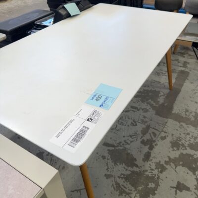EX STAGING, WHITE LAMINATE RECTANGLE DINING TABLE WITH TIMBER LEGS SOLD AS IS