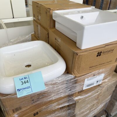 PALLET OF 10 DARWIN SEMI RECESSED BASINS RM-0010, AND X9 CL-0002 MADDOX ABOVE COUNTER BASINS, SOLD AS IS PALLET OF 10 DARWIN SEMI RECESSED BASINS RM-0010, AND X9 CL-0002 MADDOX ABOVE COUNTER BASINS, SOLD AS IS