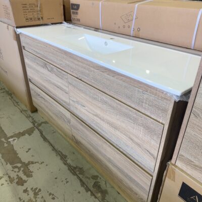 NEW AULIC LEO 1500MM SINGLE BOWL FLOOR VANITY, TIMBER LAMINATE, FINGERPULL DRAWERS, WITH WHITE CERAMIC TOP CA04-1500S-CT28 RRP$2010 NEW AULIC LEO 1500MM SINGLE BOWL FLOOR VANITY, TIMBER LAMINATE, FINGERPULL DRAWERS, WITH WHITE CERAMIC TOP CA04-1500S-CT28 RRP$2010