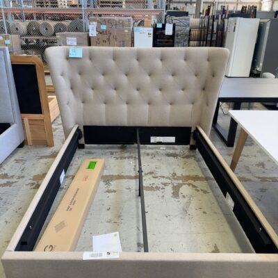 NEW BOXED QUEEN BEDFRAME, ELEVATION CURVED HEADBOARD, PLUSH PADDED HEADBOARD IN A WARWICK FABRIC, WITH A STANDARD BASE, ALMOND COLOUR NEW BOXED QUEEN BEDFRAME, ELEVATION CURVED HEADBOARD, PLUSH PADDED HEADBOARD IN A WARWICK FABRIC, WITH A STANDARD BASE, ALMOND COLOUR