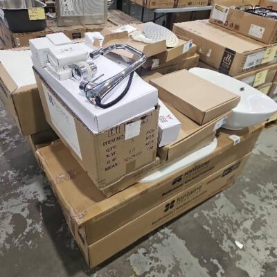 PALLET OF ASSORTED BATHROOM ITEMS, SUCH AS SHOWER HEAD, HEATED TOWEL RACK, BASIN MIXER, STONE TOP, SHOWER GRATES SOLD AS IS PALLET OF ASSORTED BATHROOM ITEMS, SUCH AS SHOWER HEAD, HEATED TOWEL RACK, BASIN MIXER, STONE TOP, SHOWER GRATES SOLD AS IS