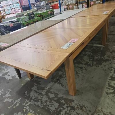 EX DISPLAY FLINDERS EXTENSION DINING TABLE, 2100 - 3000MM, MESSMATE NATURAL HERRINGBONE DESIGN, SOLD AS IS RRP$2799 EX DISPLAY FLINDERS EXTENSION DINING TABLE, 2100 - 3000MM, MESSMATE NATURAL HERRINGBONE DESIGN, SOLD AS IS RRP$2799