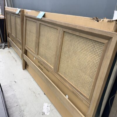 NEW BARATTI KING SIZE WHITE ASH TIMBER HEADBOARD WITH RATTAN PANELS, SOLD AS IS NEW BARATTI KING SIZE WHITE ASH TIMBER HEADBOARD WITH RATTAN PANELS, SOLD AS IS