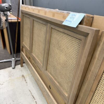 NEW BARATTI QUEEN SIZE WHITE ASH TIMBER HEADBOARD WITH RATTAN PANELS, SOLD AS IS NEW BARATTI QUEEN SIZE WHITE ASH TIMBER HEADBOARD WITH RATTAN PANELS, SOLD AS IS