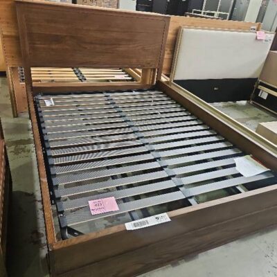 SAMPLE - EMILY QUEEN GAS LIFT BEDFRAME, EXTENDED BEDHEAD, WHITE ASH WITH DARK SMOKE STAIN, SOLD AS IS 
**MISSING FOOT END LEGS, AND BOX UNDER BED IS INCOMPLETE* SOLD AS IS