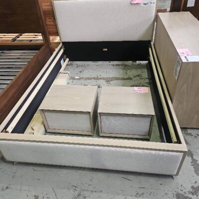 EX DISPLAY NAOMI QUEEN BEDFRAME, WHITEWASH & IVORY, SOLD AS IS