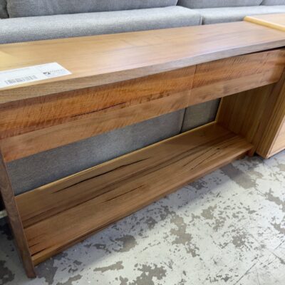 EX DISPLAY BOTANY 1500MM MARRI TIMBER CONSOLE TABLE, WITH NATURAL EDGE, SOLD AS IS