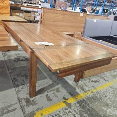 EX DISPLAY KALLISTA BLACKWOOD TIMBER EXTENSION DINING TABLE, 2050MM TO 3050MM, SOLD AS IS