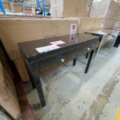 NEW BLACK GLASS CONSOLE/HALL TABLE WITH 2 DRAWERS 1100MM X 400MM, AU0080