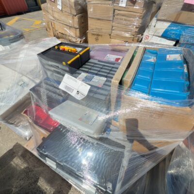 PALLET OF ASSORTED STORAGE BOX, TOOLBOX, STORAGE BIN FOR WORKSHOP,  SOLD AS IS