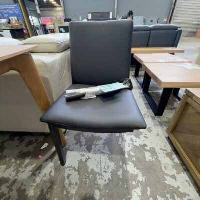 EX DISPLAY CLAIRE JAPAN BLACK DINING CHAIR WITH BLACK LEATHER, **BROKEN LEG - SNAPPED OFF NEEDS REPAIR** SOLD AS IS