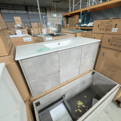 NEW LOLA WALL HUNG 1200MM GREY VANITY, WITH DRAWERS LEFT HAND, WITH WHITE CRYSTAL CERAMIC TOP, CAWH11-1200L & CT28/1200 NEW LOLA WALL HUNG 1200MM GREY VANITY, WITH DRAWERS LEFT HAND, WITH WHITE CRYSTAL CERAMIC TOP, CAWH11-1200L & CT28/1200
