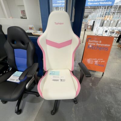 SAMPLE CHAIR - WHITE & PINK GAMING CHAIR, BACK RECLINE & TILT FUNCTION, HEIGHT ADJUSTABLE, WEIGHT 120KG, RETAIL $99