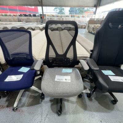 SAMPLE CHAIR - MESH HIGH BACK CHAIR WITH GREY FABRIC SET, HEIGHT & TILT ADJUSTABLE, PADDED FLIP UP ARMS, WEIGHT 130KG CAPACITY, RRP$239