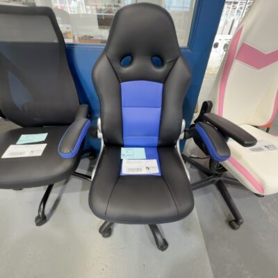 SAMPLE CHAIR - BLACK & BLUE RACER GAMING CHAIR, HEIGHT & TILT ADJUSTABLE, PADDED FLIP UP ARMS, WEIGHT 120KG CAPACITY, RRP$135 SAMPLE CHAIR - BLACK & BLUE RACER GAMING CHAIR, HEIGHT & TILT ADJUSTABLE, PADDED FLIP UP ARMS, WEIGHT 120KG CAPACITY, RRP$135