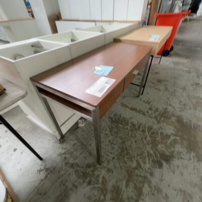 SAMPLE COMMERCIAL FURNITURE - TIMBER LAMINATE DESK WITH CHROME METAL FRAME, SOLD AS IS